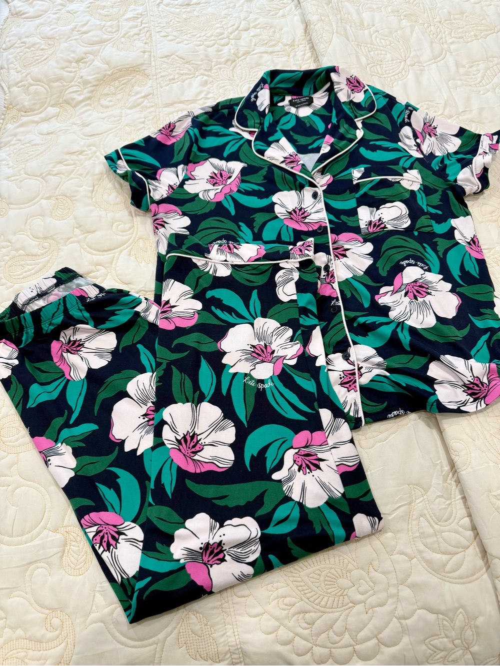 Kate Spade Floral Two-Piece Pajama Set in Navy, White & Pink Medium